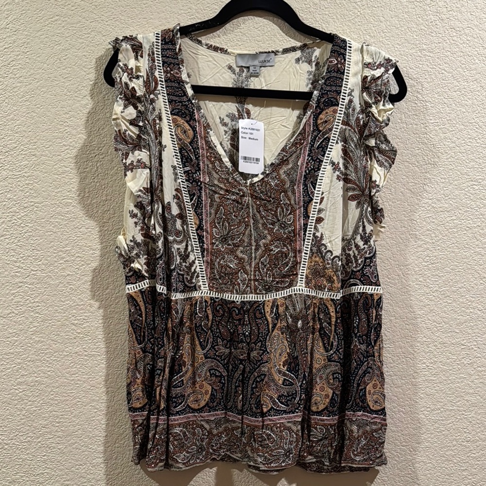 Brown and Black Flutter Sleeve Ruffled Blouse